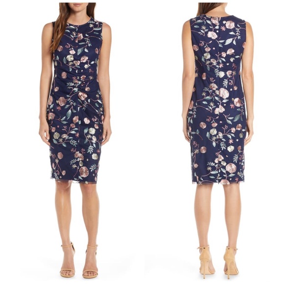 vince camuto embroidered mesh sheath dress
